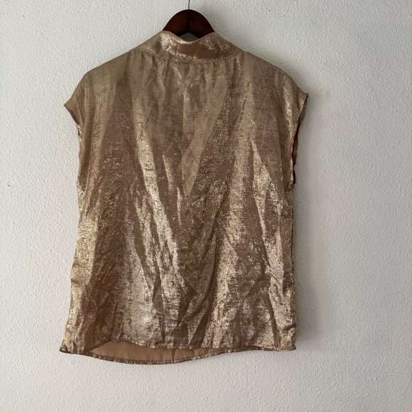 Metallic Gold Tie Neck Blouse Large 8/10 Statement Elegant Holiday Party Layer - Picture 11 of 12